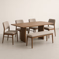 Ensemble table et chaises en bois massif marron et beige avec banc