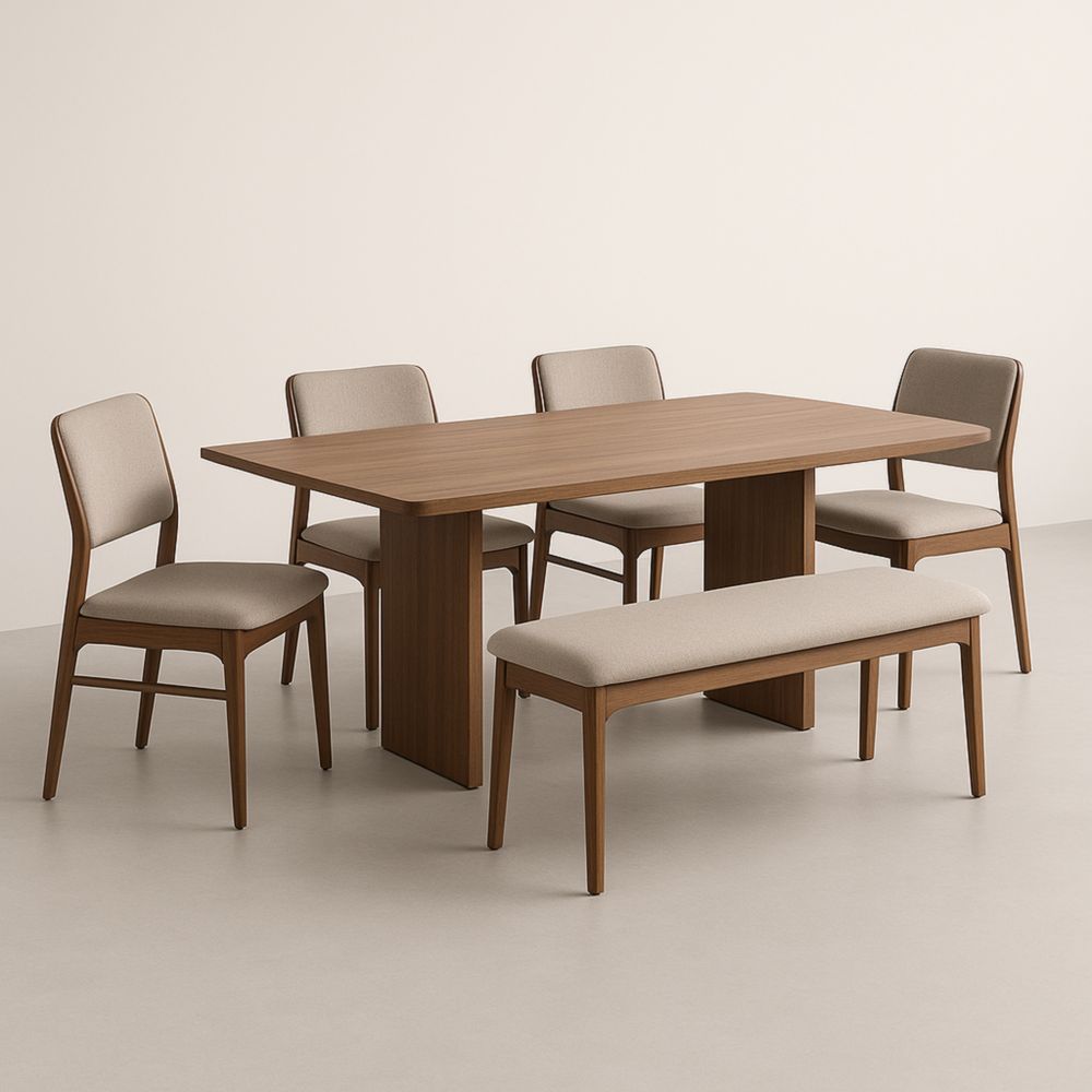 Ensemble table et chaises en bois massif marron et beige avec banc