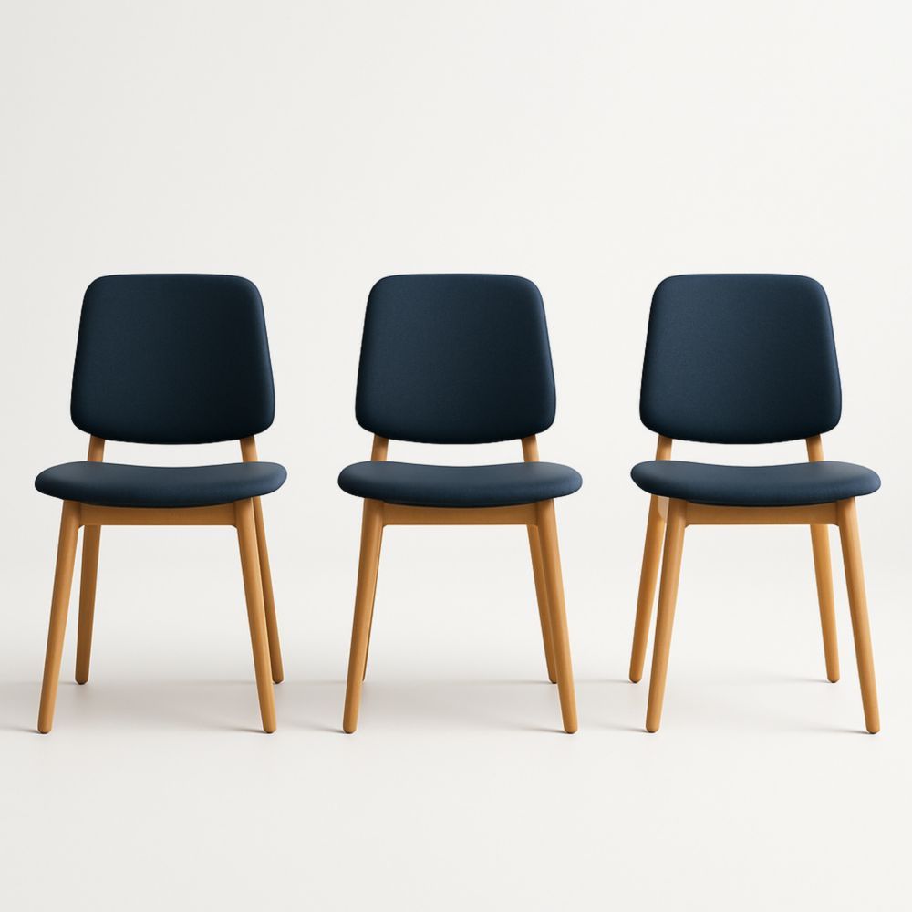 Lot de 3 Chaises en Tissu Bleu avec Pieds en Bois de Hêtre