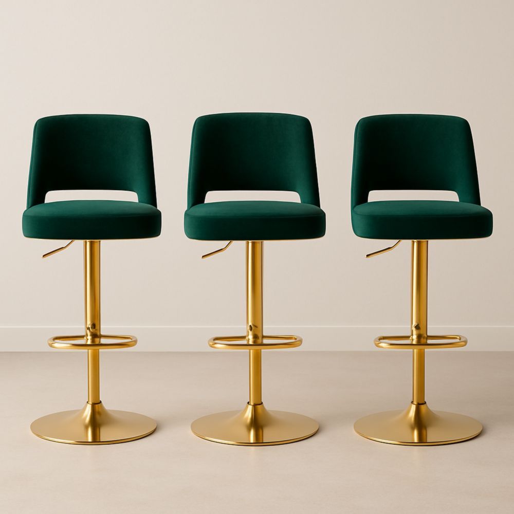 Tabourets de Bar en Velours Vert réglables Métal Doré Lot de 3