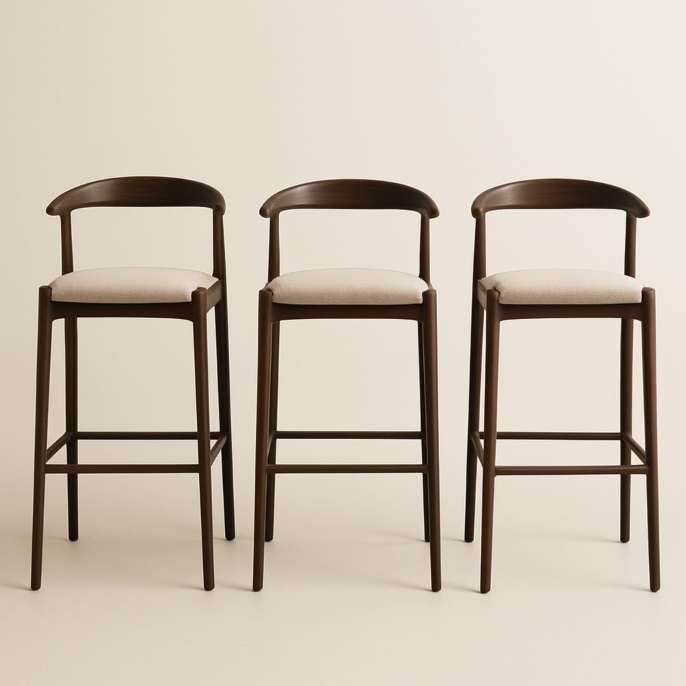 Tabourets de Bar en Bois Noyer avec Coussin en Polyester Beige Lot de 3