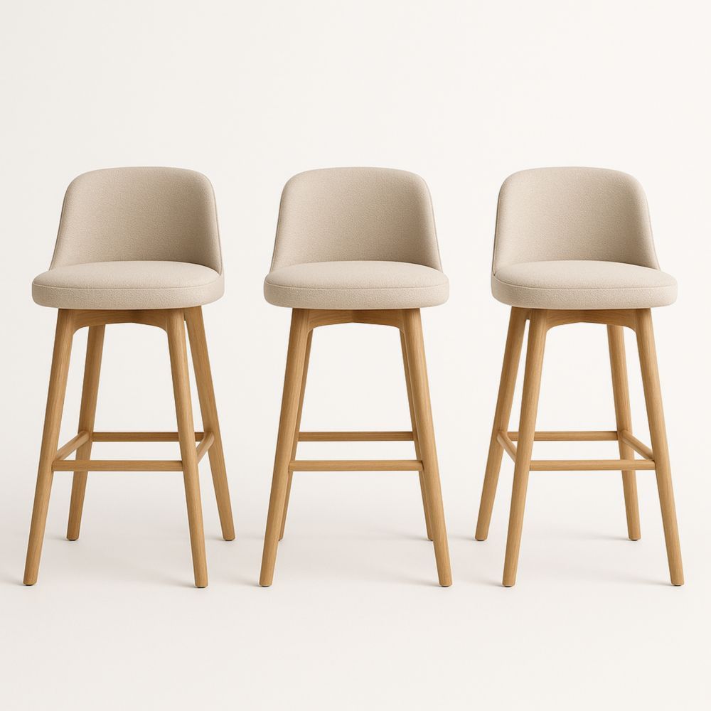 Ensemble de 3 Tabourets de Bar en Tissu Beige avec Structure en Bois