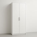 Armoire blanche à deux portes en panneau de particules avec poignées métalliques
