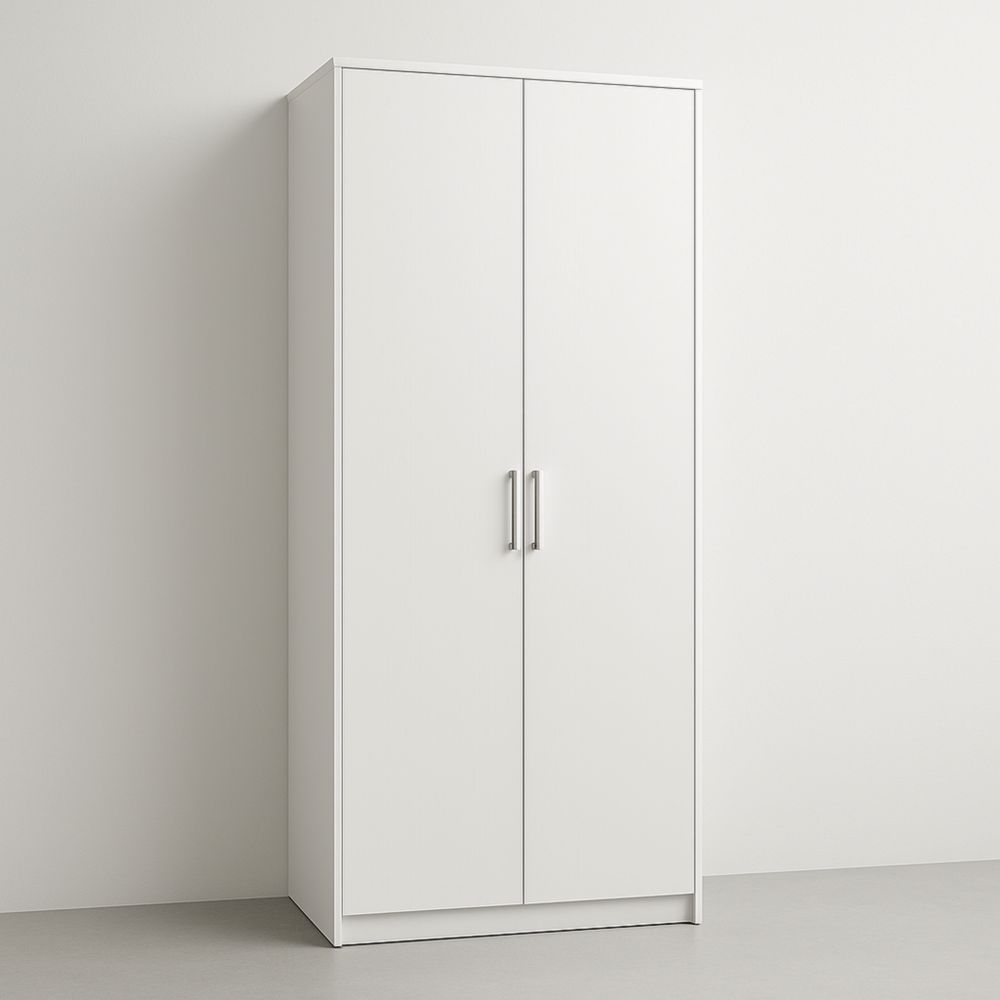 Armoire blanche à deux portes en panneau de particules avec poignées métalliques