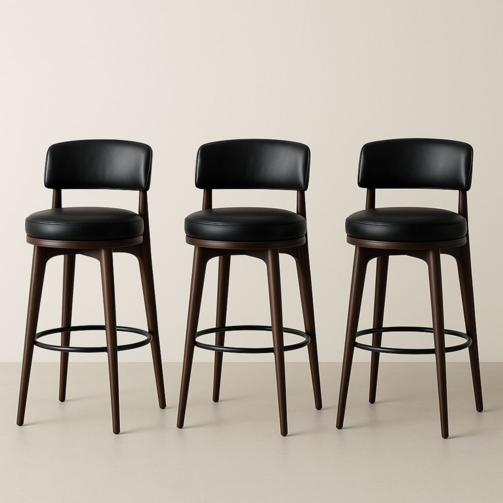 Lot de 3 Tabourets de Bar en Bois et Cuir PU Noir 76 cm