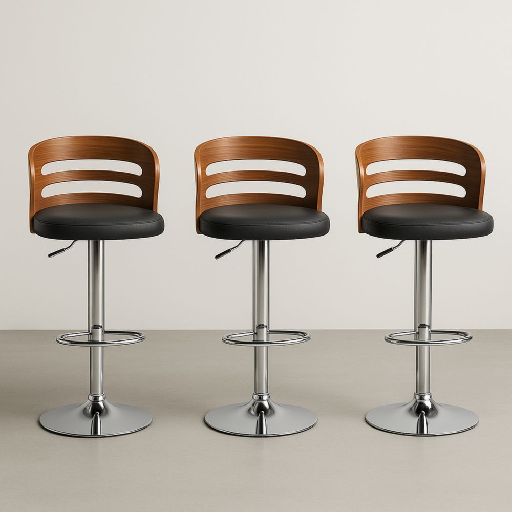 Lot de 3 tabourets de bar pivotants en bois et similicuir avec pied réglable chromé